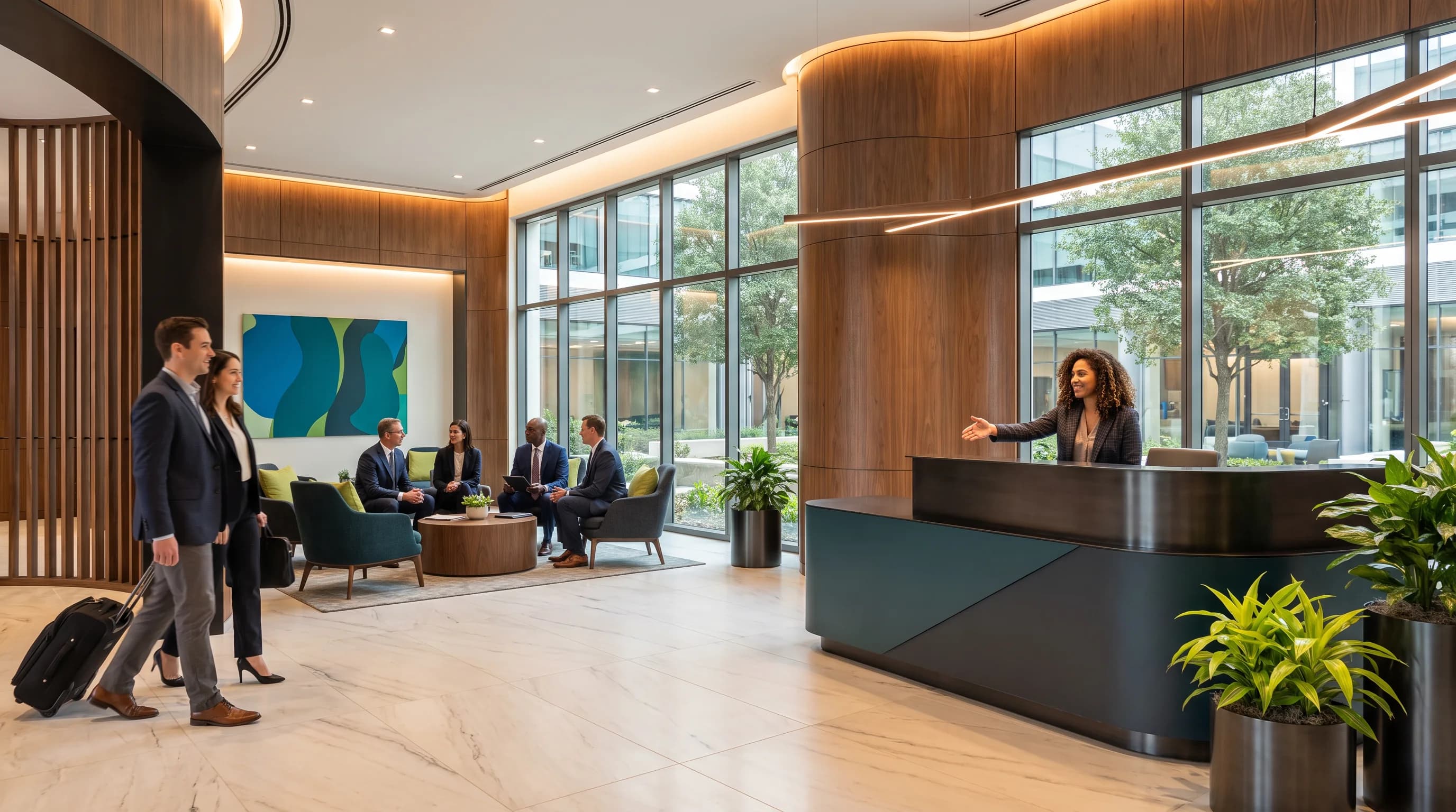 A multicultural team welcoming visitors in a modern hospitality office